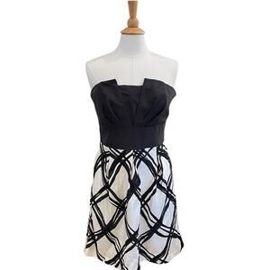 WHBM Silk Black & White Strapless Full Skirt Cocktail Dress, 10